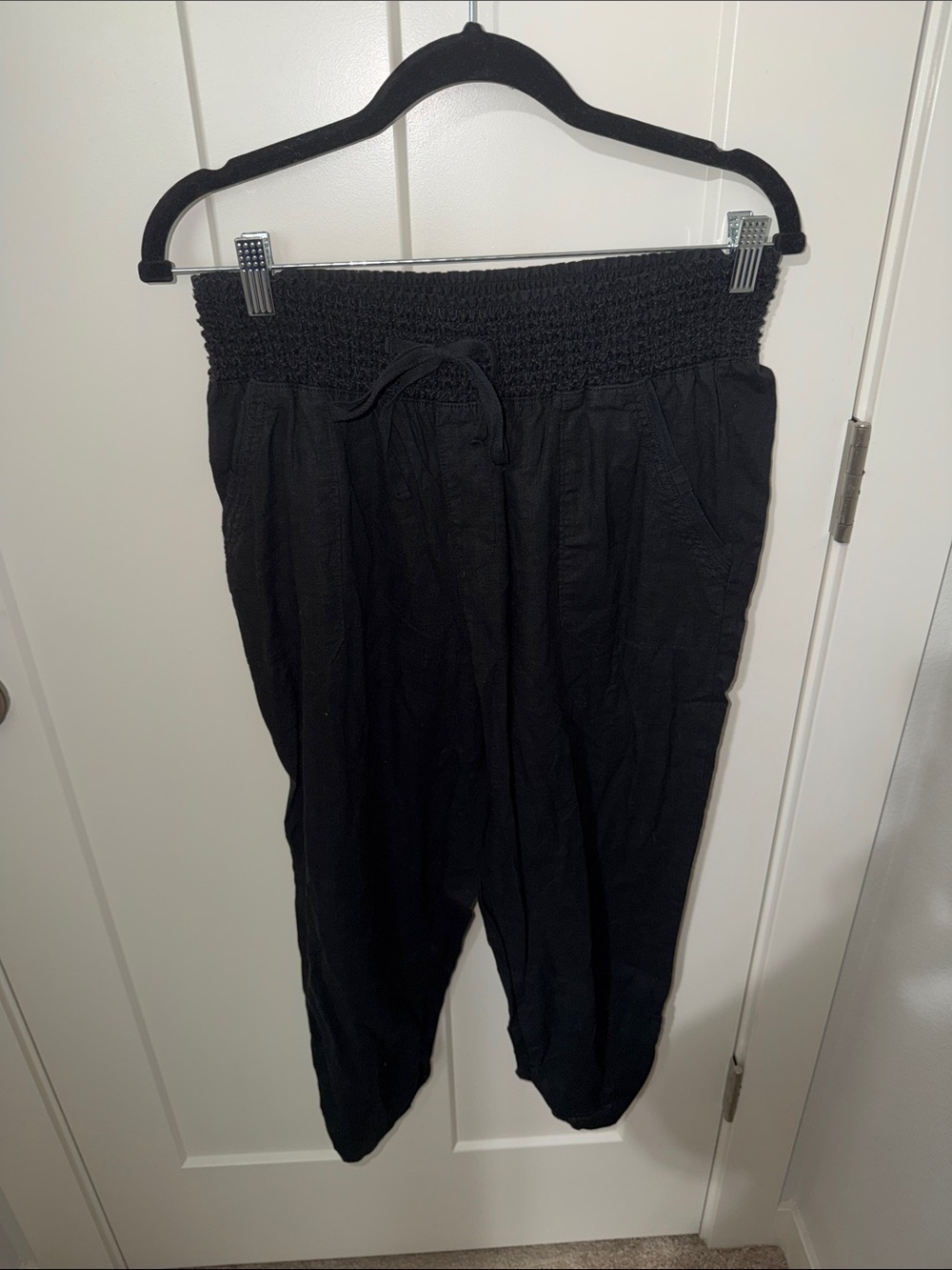 Rewash Black Smocked Waist relaxed fit linen blend Casual Pants